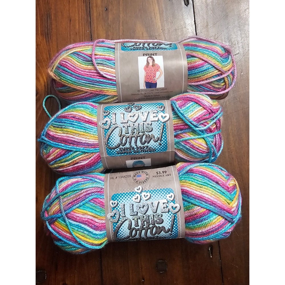 I Love This Cotton! Yarn 340 Brights Rainbow Print 100% Cotton 3 Skeins Lot